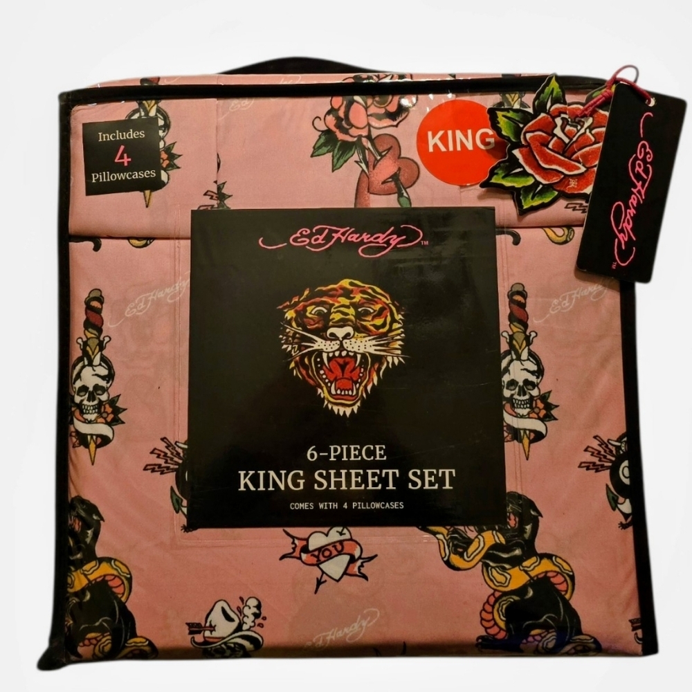 💀 Ed Hardy 6 Piece Pink King Sheet Set